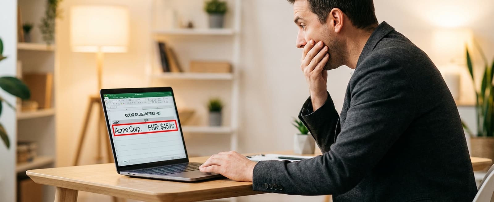 An agency owner at a desk looking at a client billing report where their favourite client is highlighted in red for low hourly rate
