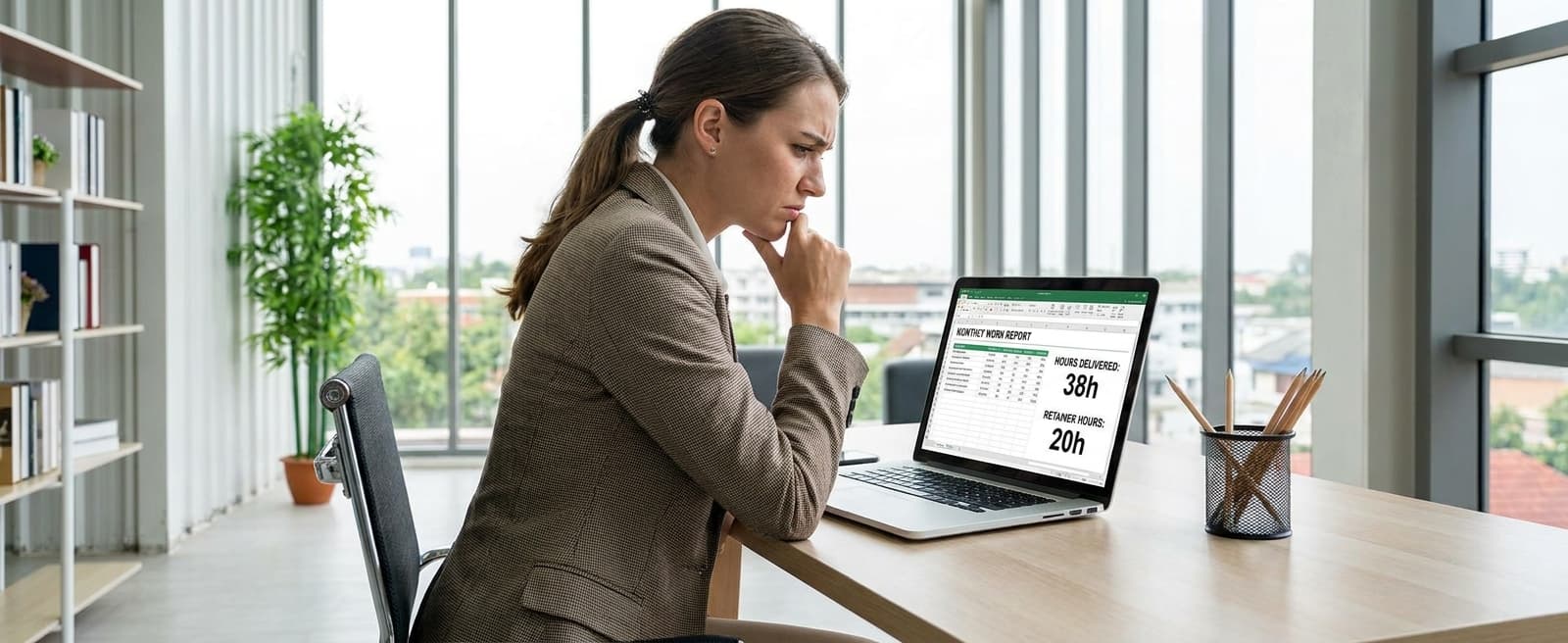 An agency owner reviewing a work report showing hours delivered vs retainer scope — clear over-delivery visible