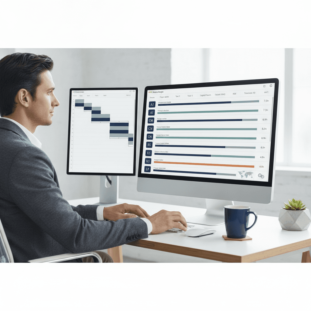 A project manager looking at a team dashboard showing time logged across ten team members in different time zones