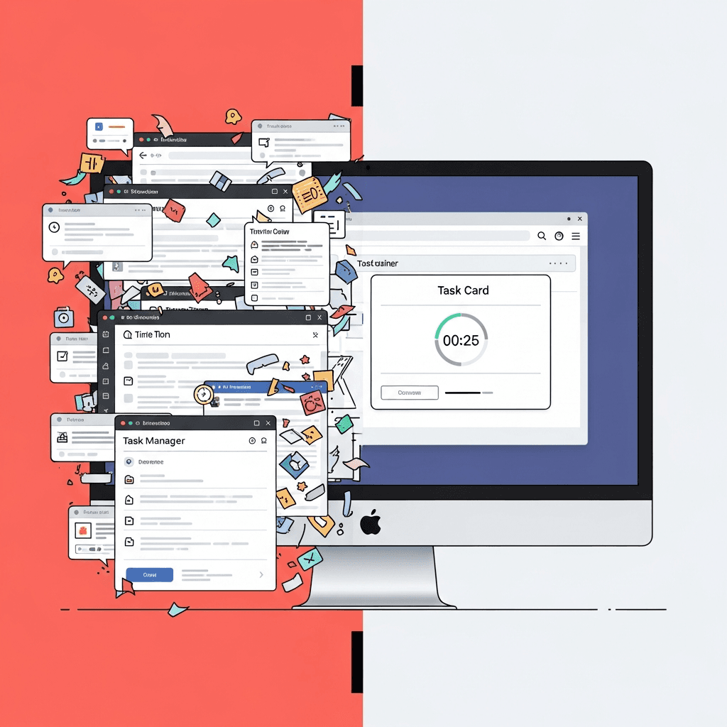 Before/after: cluttered tabs with Toggl open vs single task with timer built directly inside