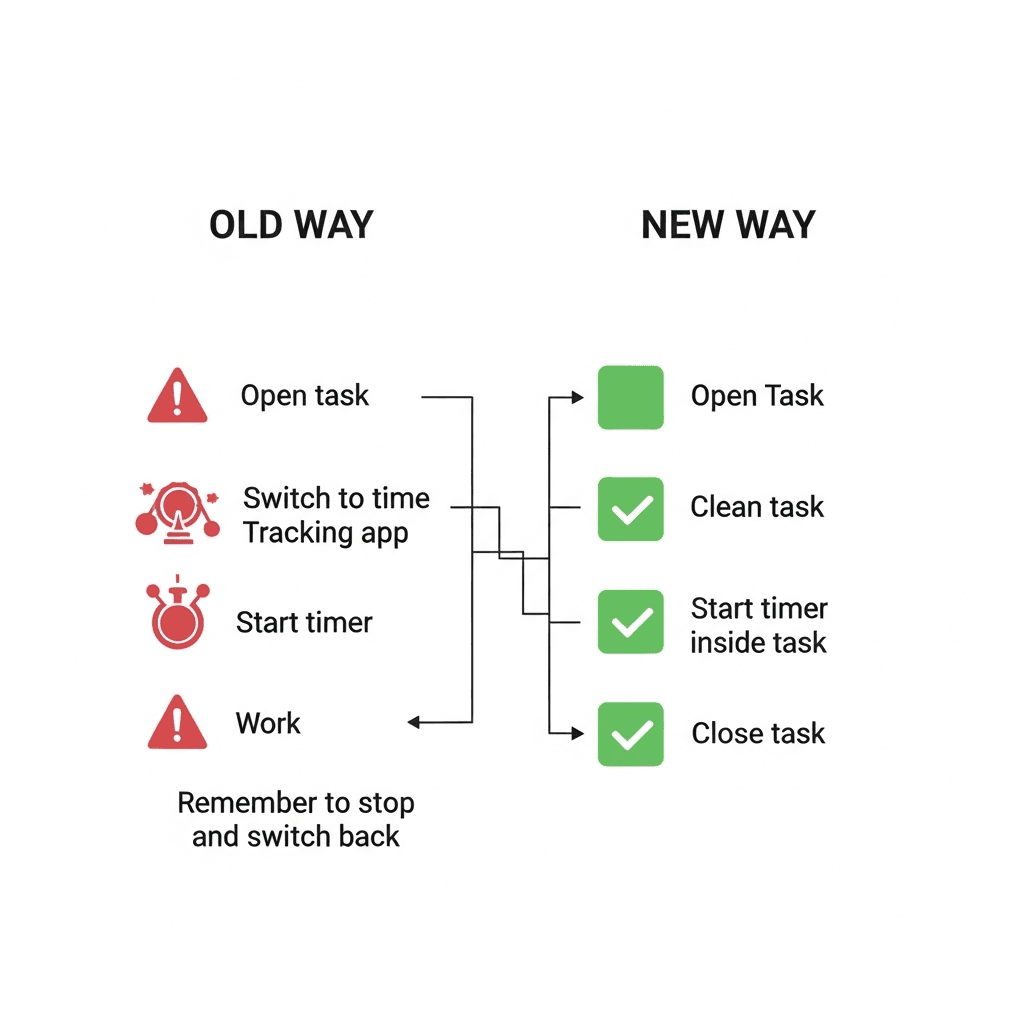 Diagram: Toggl workflow with five failure points in red vs native tracking with three clean steps in green