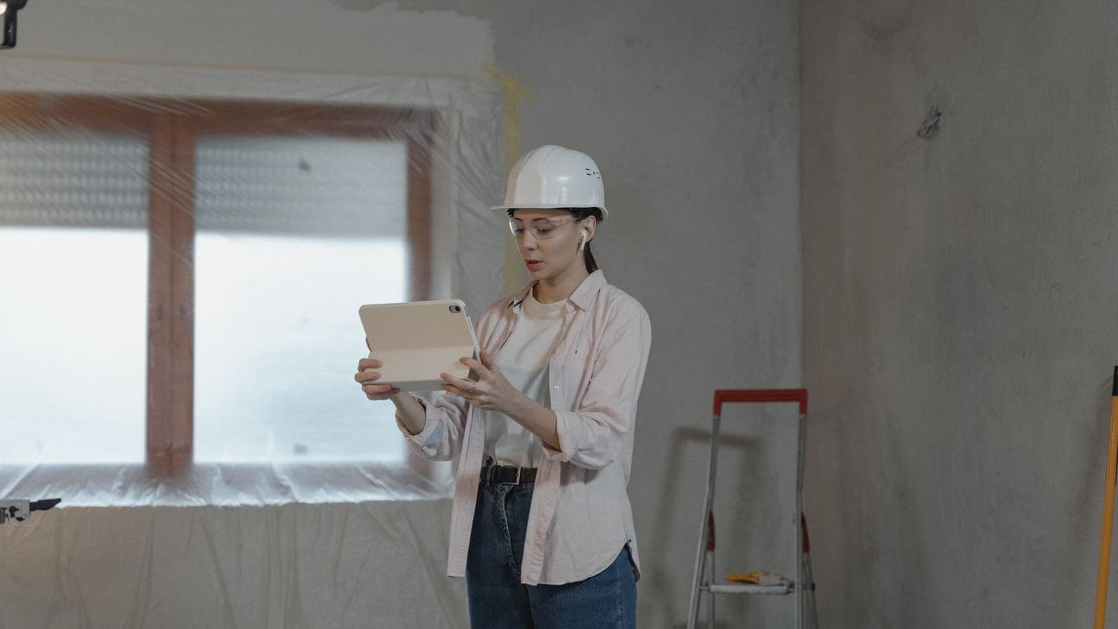 Architect in a hard hat logging a site visit on a tablet inside an unfinished building