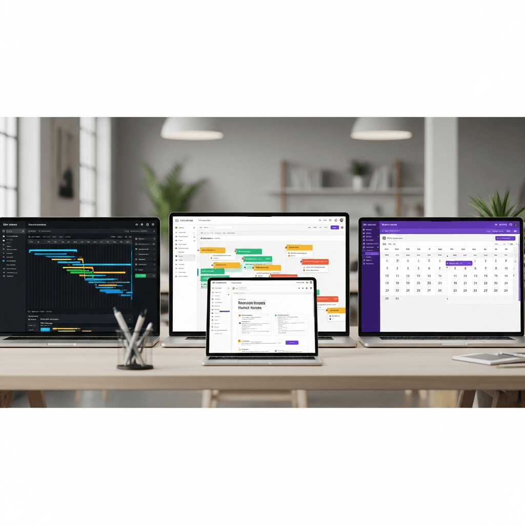 Three laptop screens showing Asana, Monday, and ClickUp interfaces side by side