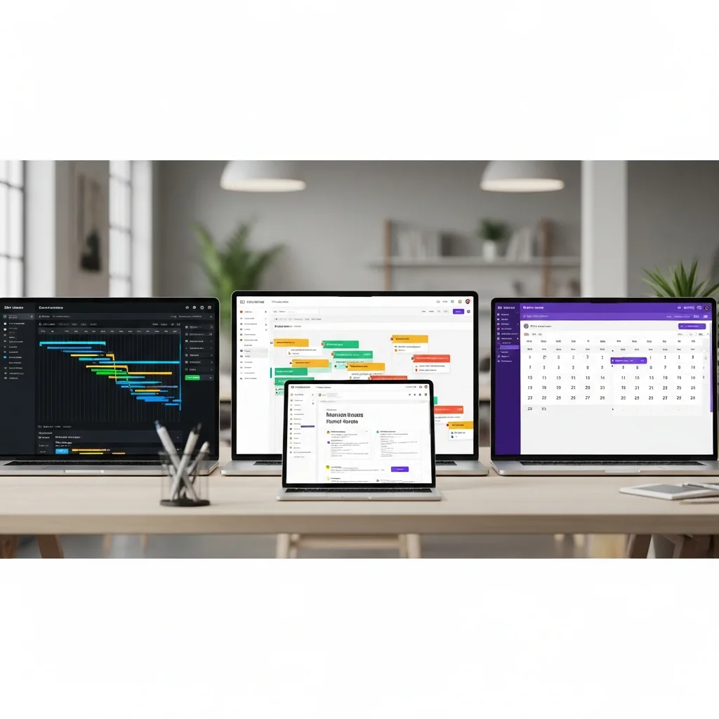 Three laptop screens showing Asana, Monday, and ClickUp interfaces side by side