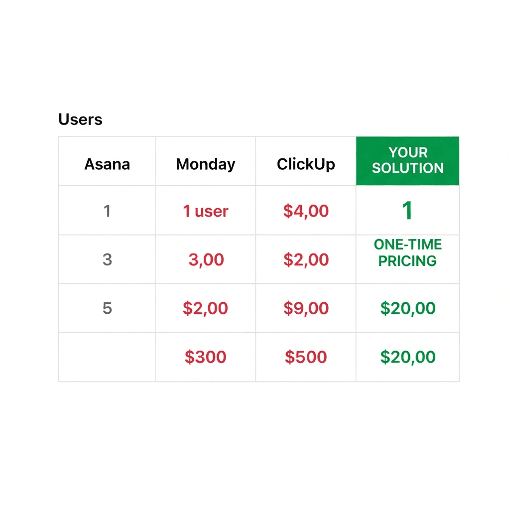 Four-column pricing table: Asana, Monday, ClickUp in red shades increasing with team size; Melororium in green with flat-fee subscription pricing
