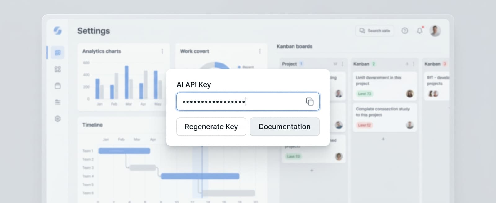 A settings screen with an API key input field and a project analytics dashboard visible in the background