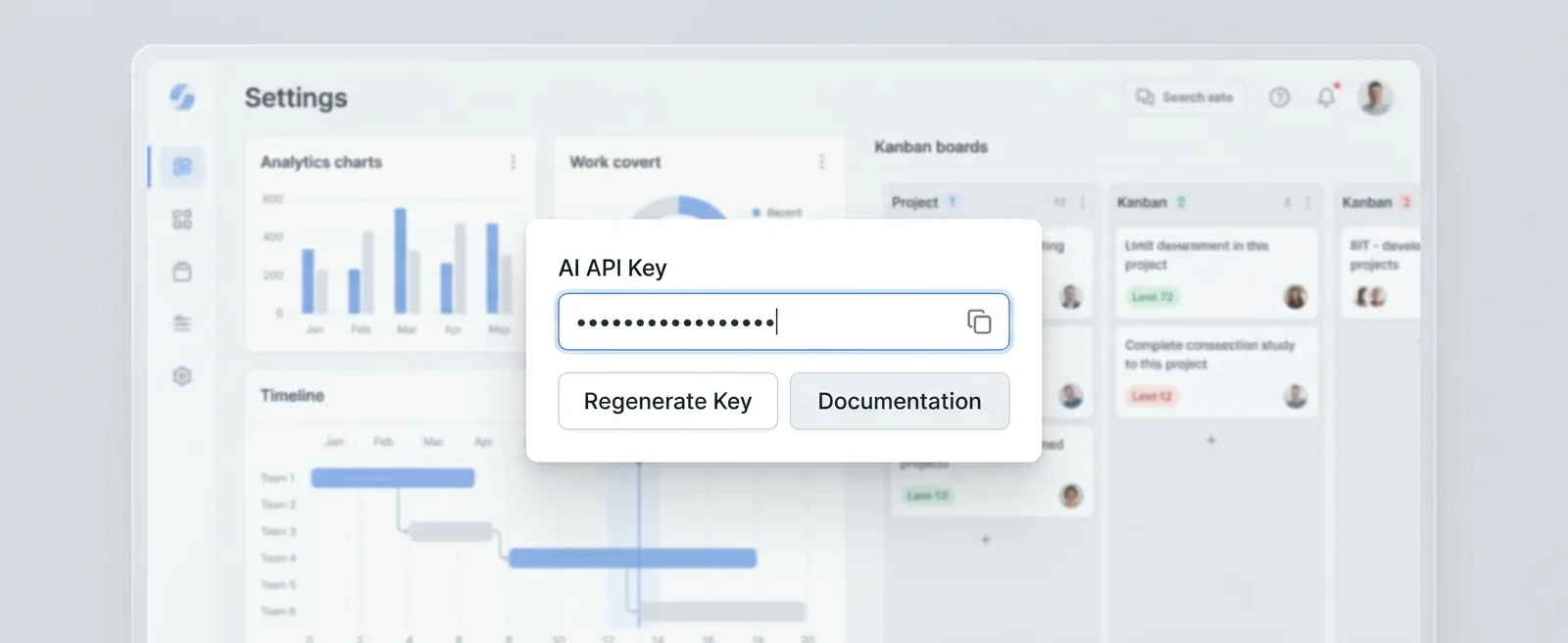 A settings screen with an API key input field and a project analytics dashboard visible in the background