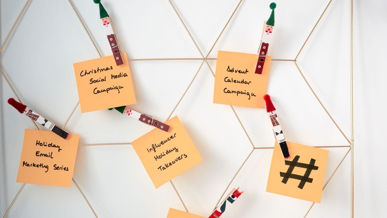 Campaign ideas for social, email and influencer channels pinned to a wall grid like a content calendar