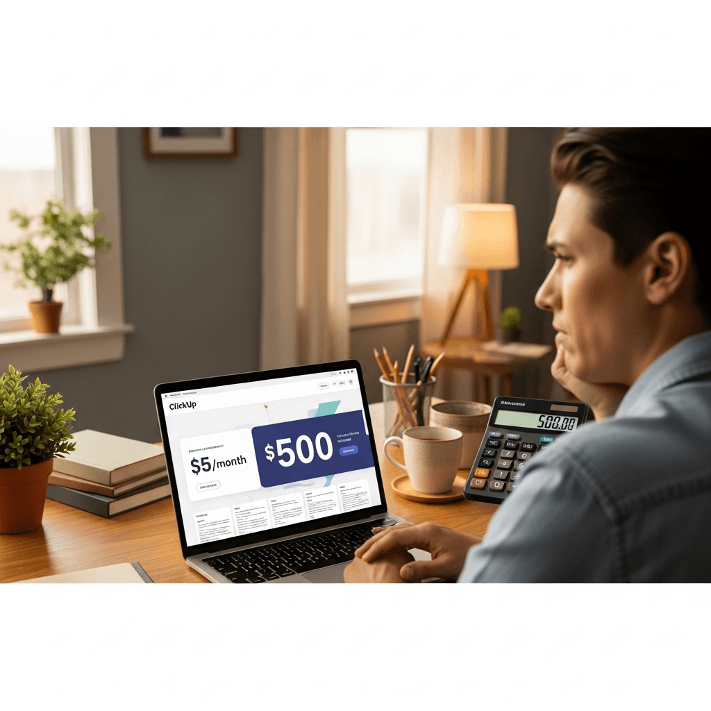 A laptop showing ClickUp's pricing page with a calculator showing a higher total beside it
