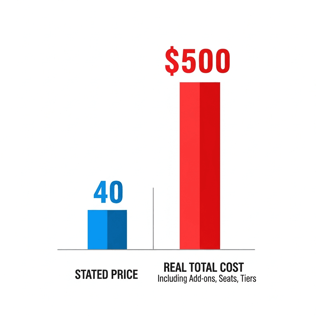 Infographic showing ClickUp stated price vs realistic total cost including add-ons and seat costs