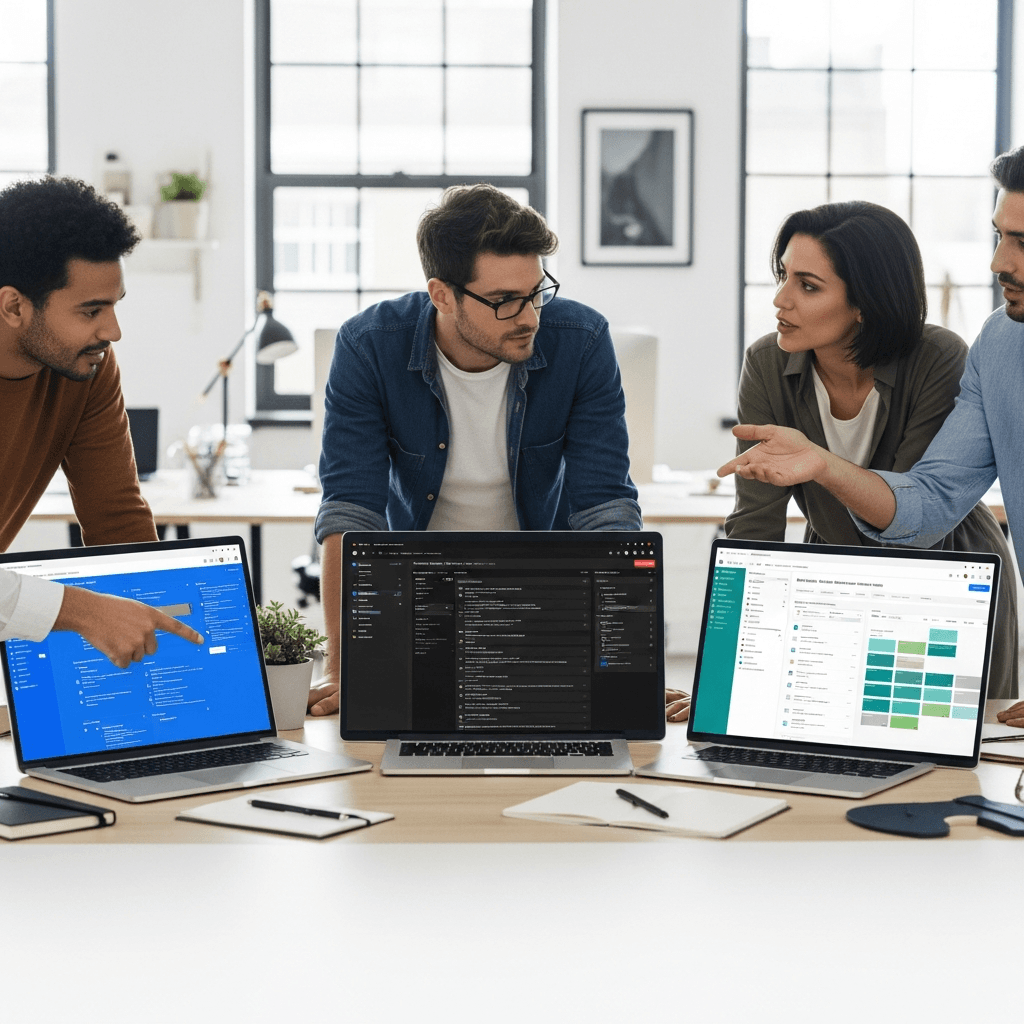 Three project management interfaces compared: ClickUp, Notion, and Melororium side by side on clean desks