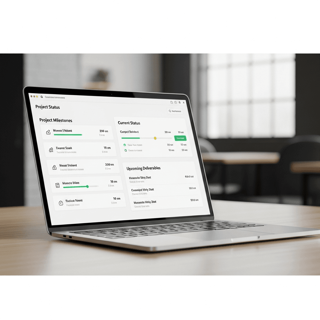 A clean project status dashboard showing milestones and deliverables from the client's view