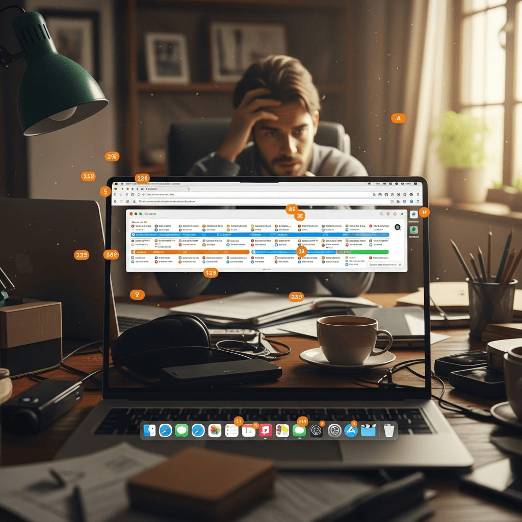 A browser with 12+ tabs open and a freelancer looking scattered in the background
