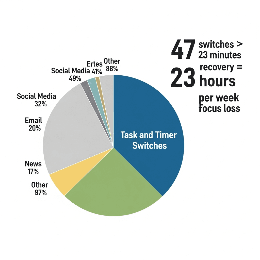 Pie chart of daily app switches by category with calculation: 47 switches × 23 min = 18 hours/week potential focus loss