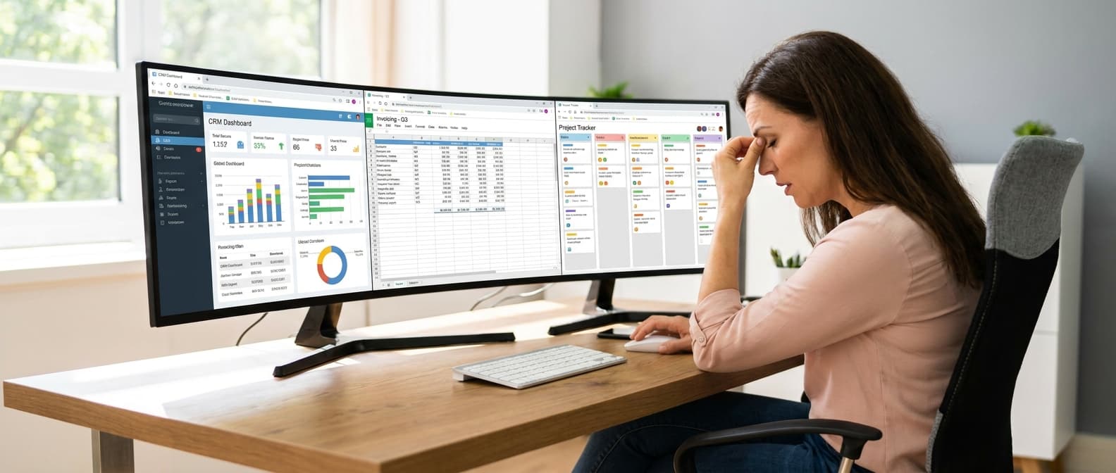 An agency owner frustrated while switching between three browser tabs — HubSpot, FreshBooks, and ClickUp