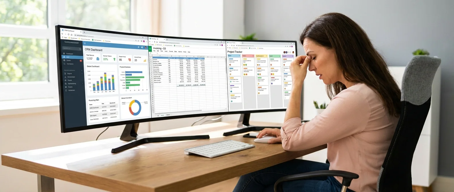 An agency owner frustrated while switching between three browser tabs — HubSpot, FreshBooks, and ClickUp