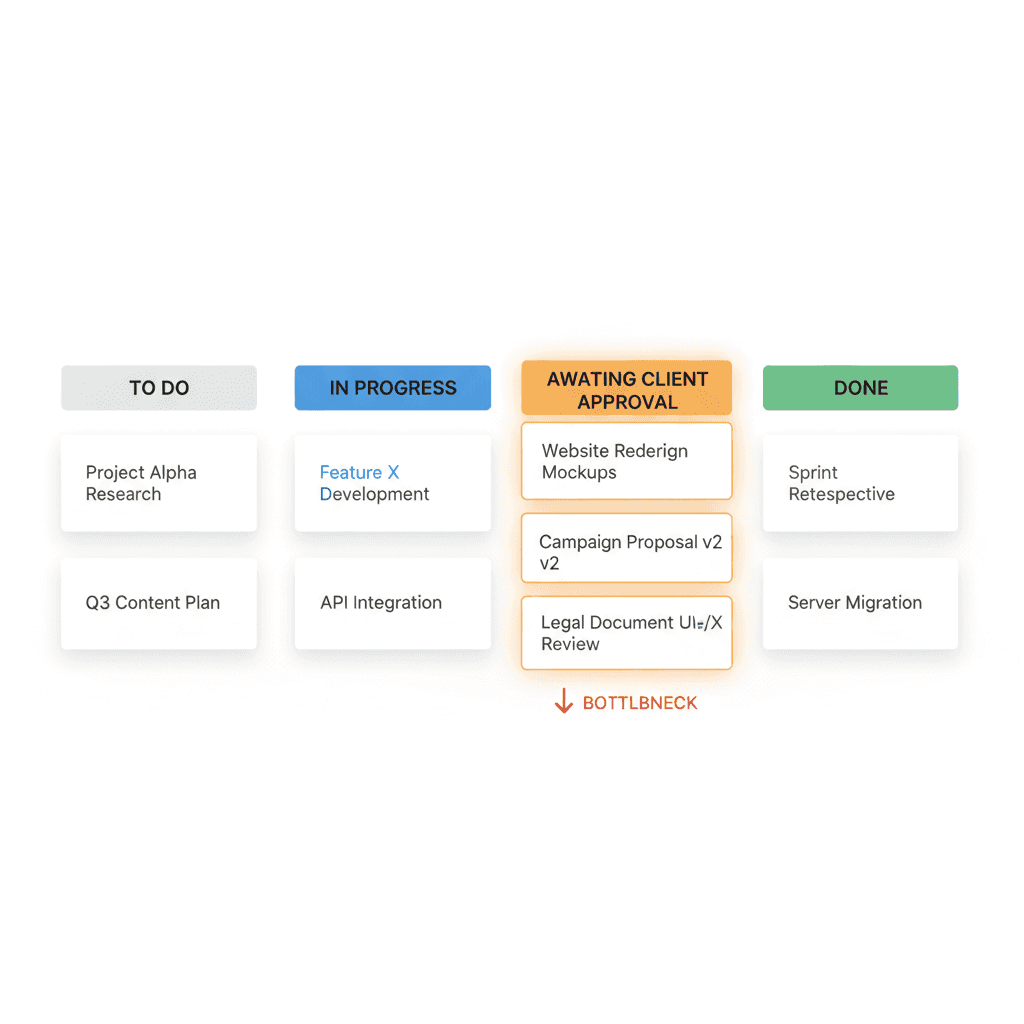 Kanban board with Awaiting Client Approval column — design studio project management