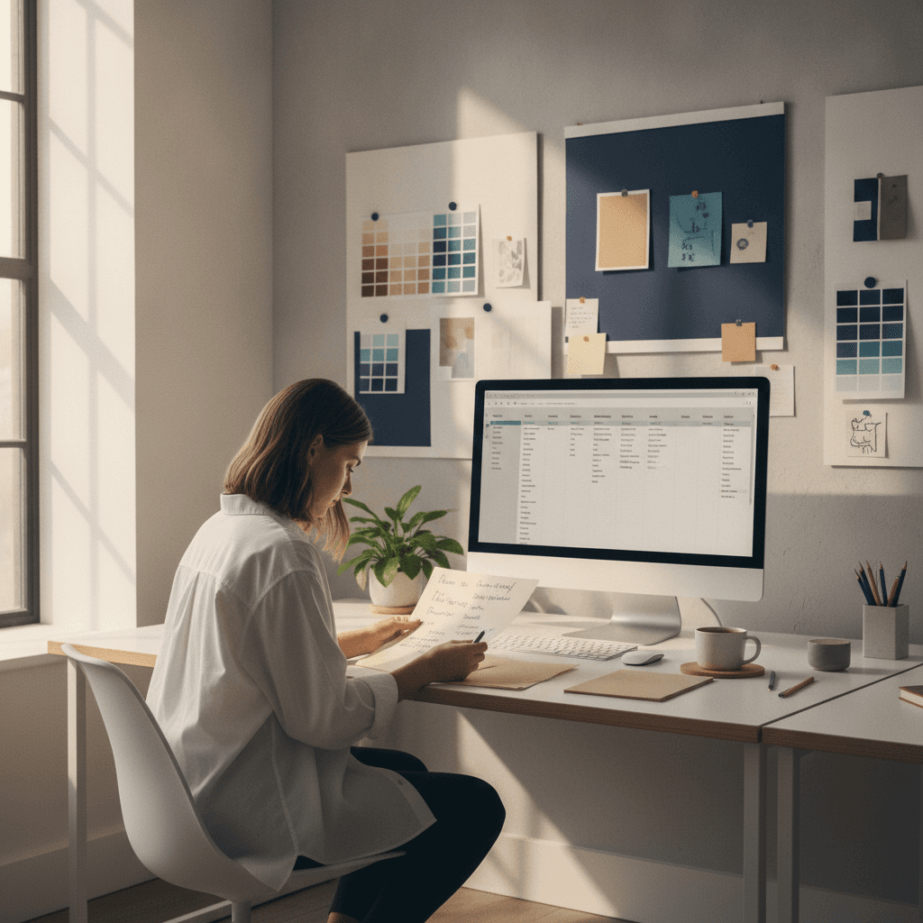 A design studio workspace with mood boards, a Kanban board on a monitor showing project stages, and a designer reviewing client feedback