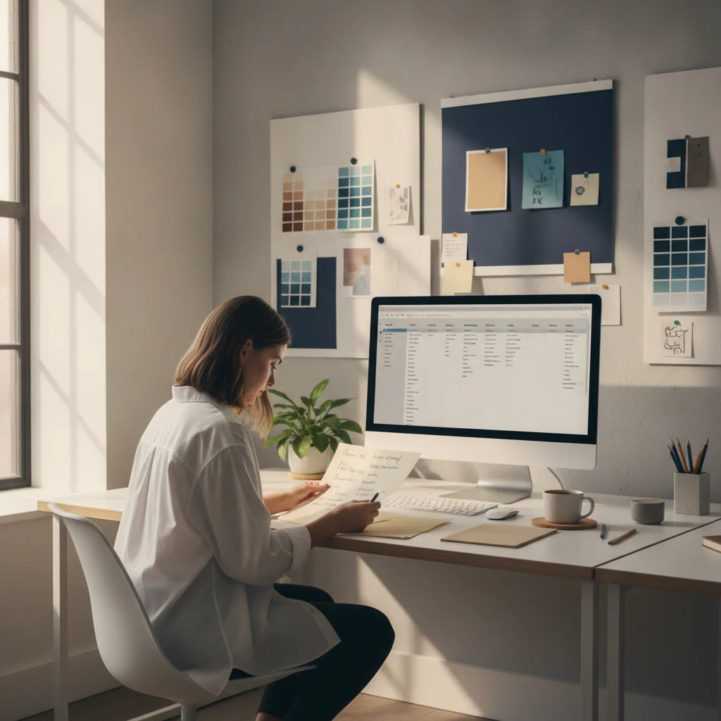 A design studio workspace with mood boards, a Kanban board on a monitor showing project stages, and a designer reviewing client feedback