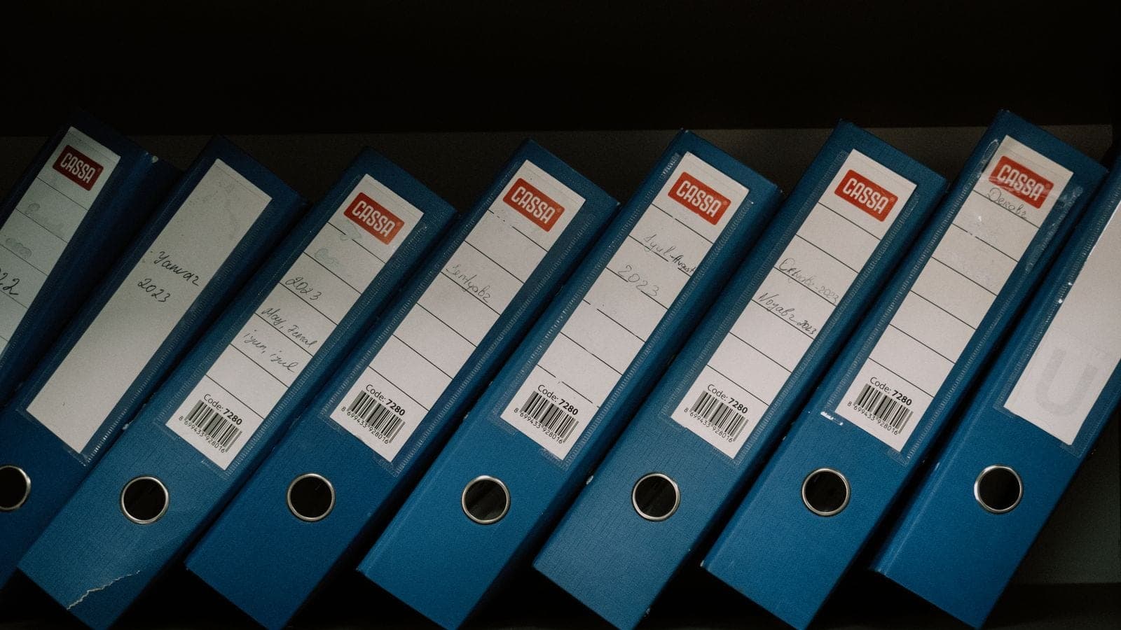 Row of office binders labeled by client and date, one folder per project