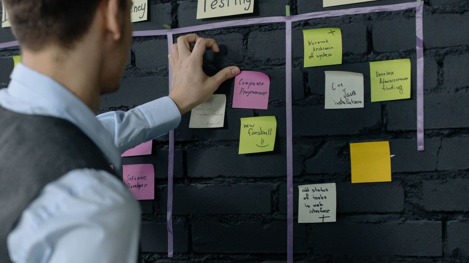 Team member arranging colored sticky notes into columns on a wall Kanban board