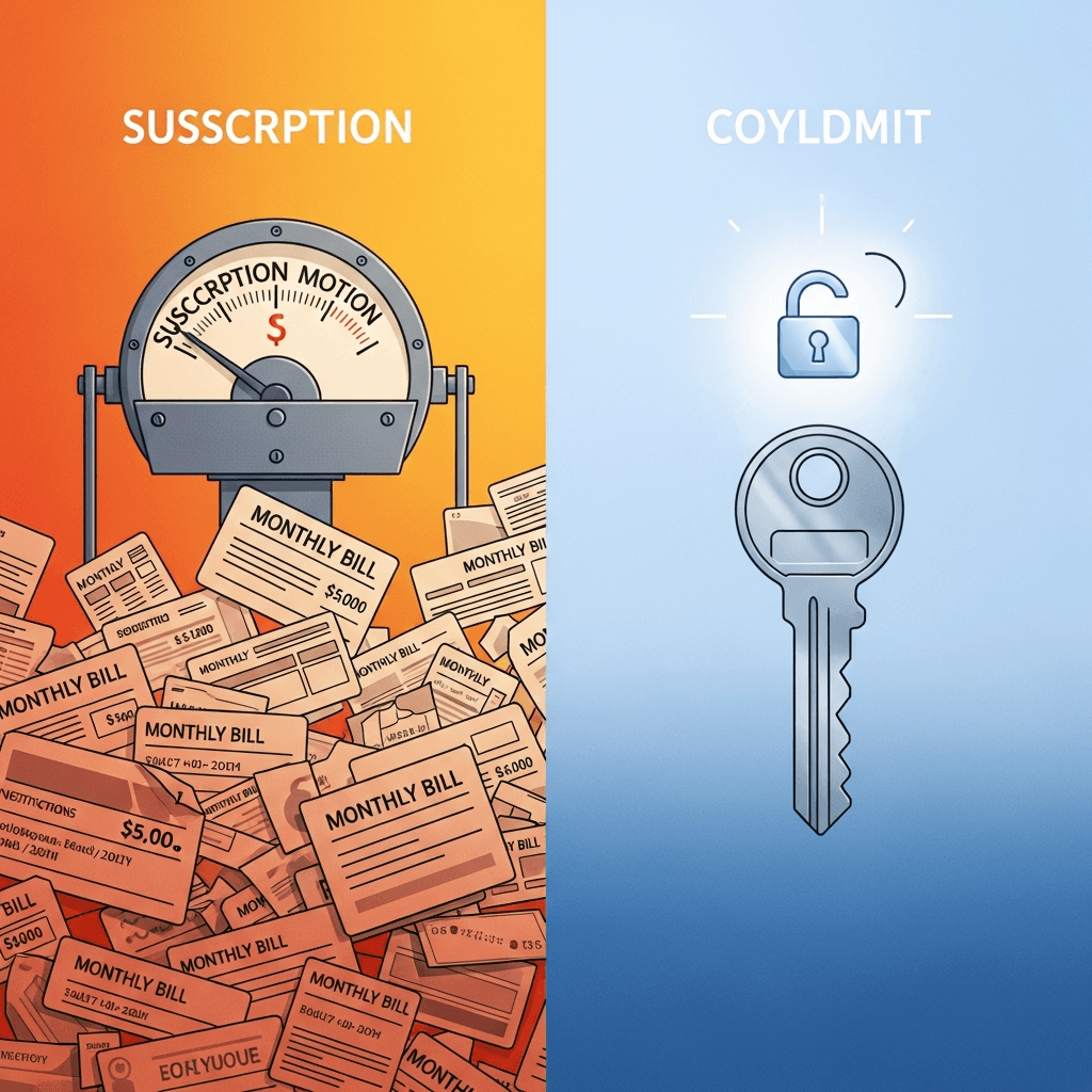 Two paths: endless subscription meter vs single key purchase with lock icon