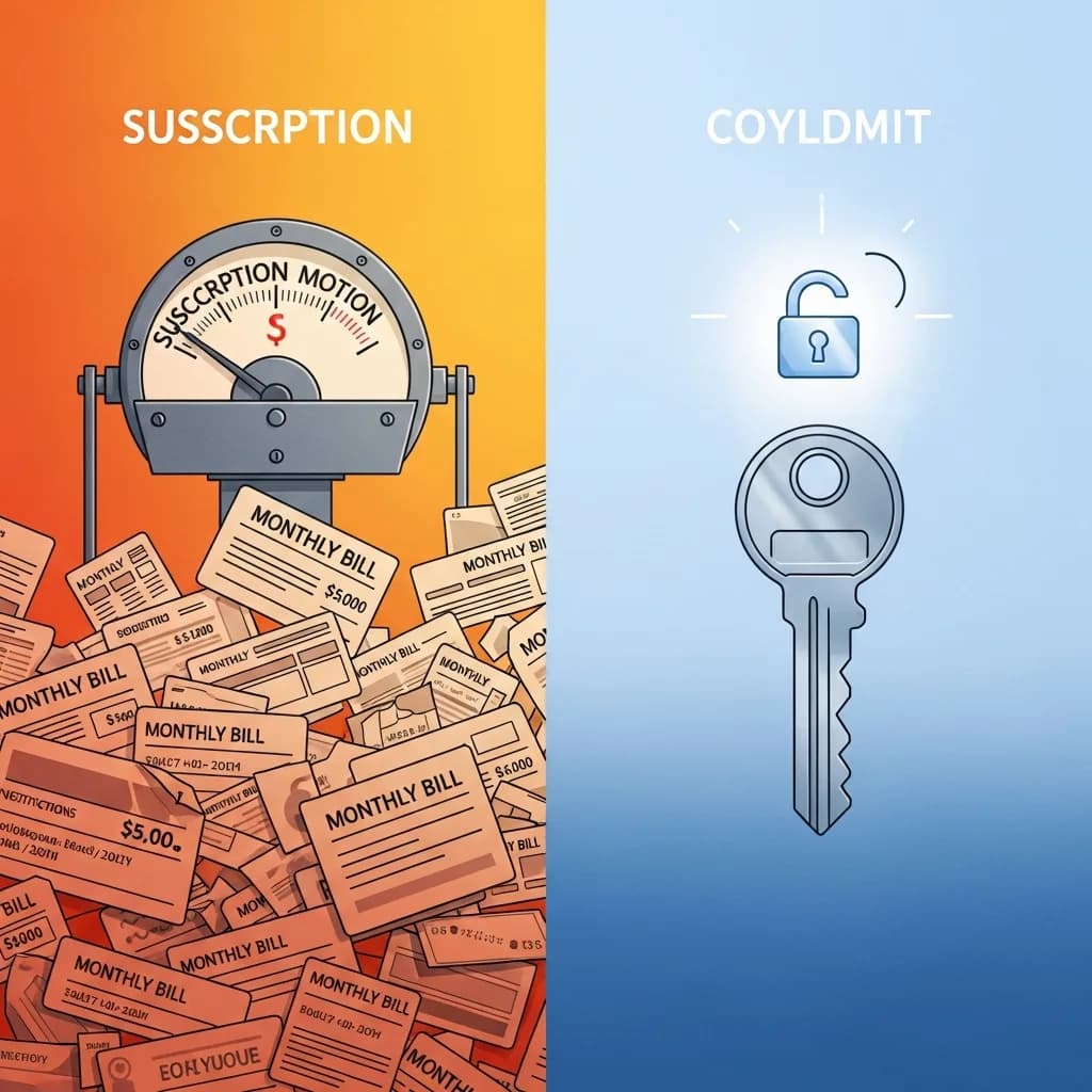Two paths: endless subscription meter vs single key purchase with lock icon