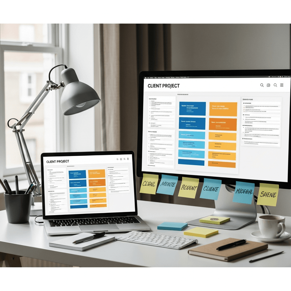 A freelancer's workspace with multiple color-coded client project boards on screen