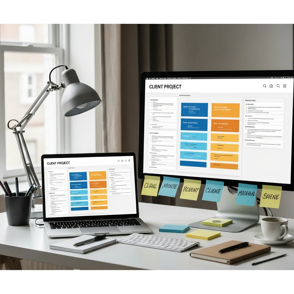 A freelancer's workspace with multiple color-coded client project boards on screen