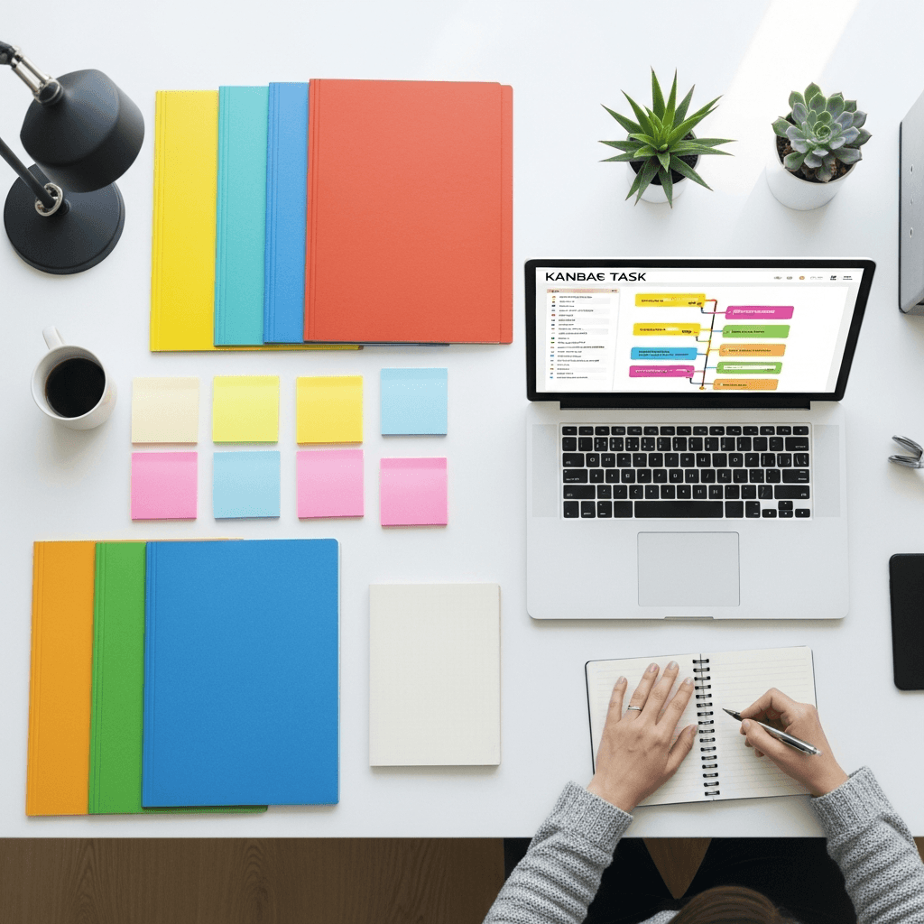 Featured illustration showing: A freelancer sitting at a desk with 3 clear project timeline blocks representing parallel client tracks