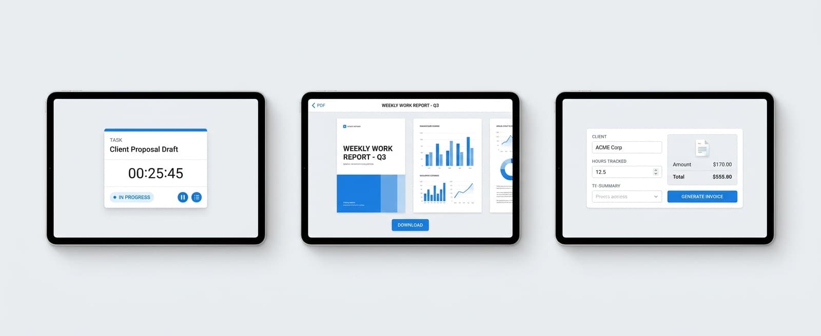 Product screenshot montage: live timer inside a task, work report PDF preview, invoice being generated