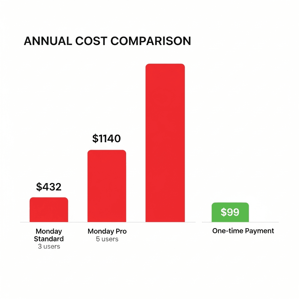 Bar chart: Monday Standard 3 users $432, Monday Pro 5 users $1,140 vs Melororium Starter $29/mo flat