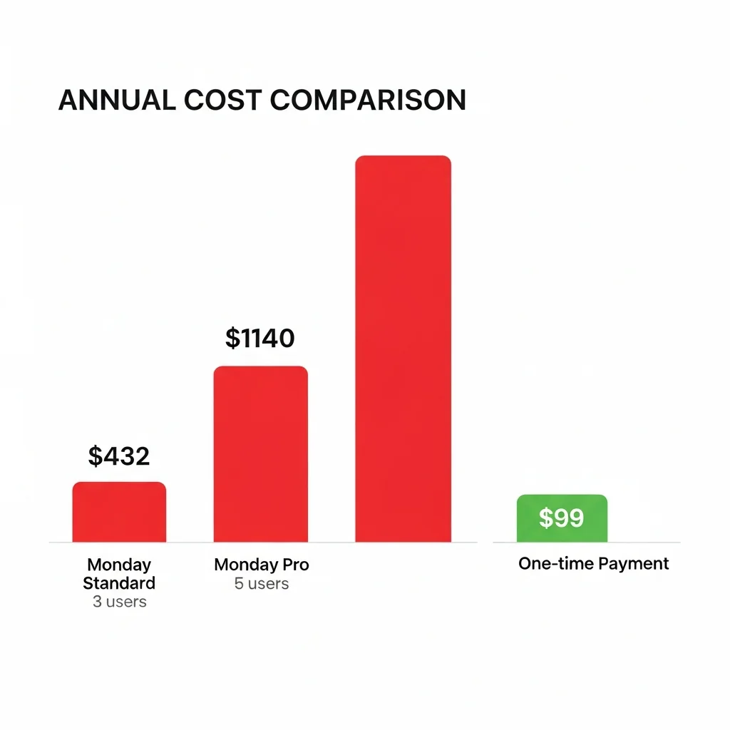 Bar chart: Monday Standard 3 users $432, Monday Pro 5 users $1,140 vs Melororium Starter $29/mo flat