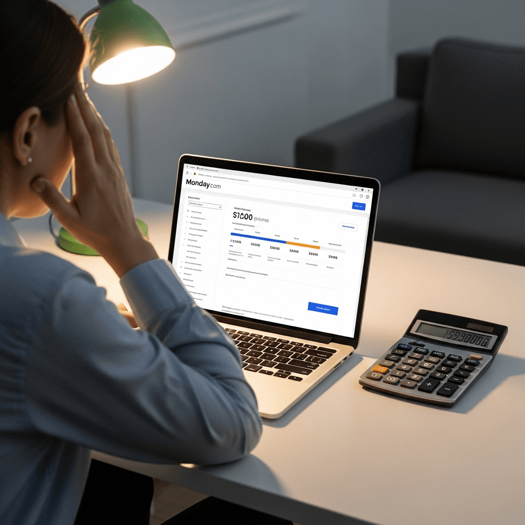 A frustrated small business owner looking at Monday.com pricing with a calculator showing team cost