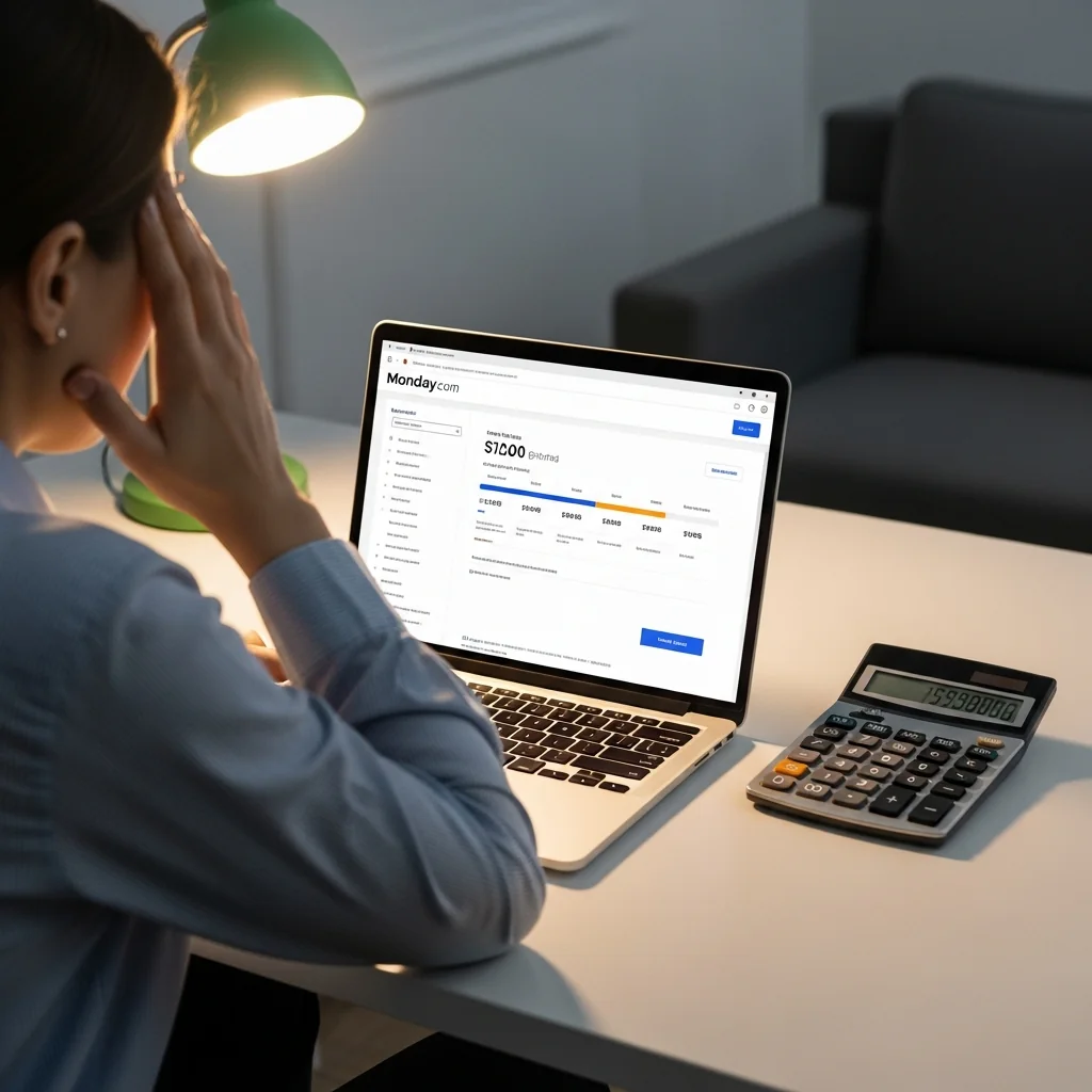 A frustrated small business owner looking at Monday.com pricing with a calculator showing team cost