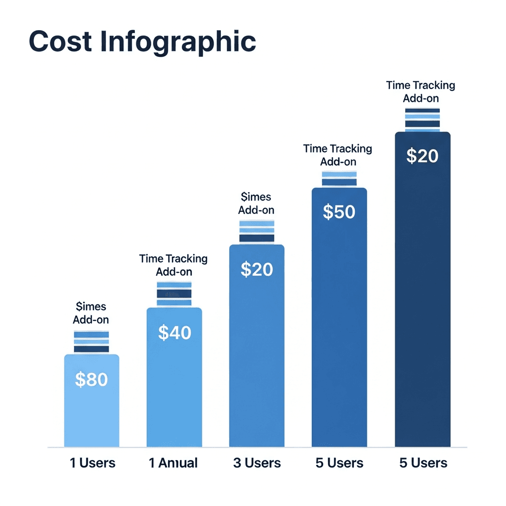 Annual cost bars for Notion Plus at 1, 5, 10, and 20 users with time tracking add-on costs stacked
