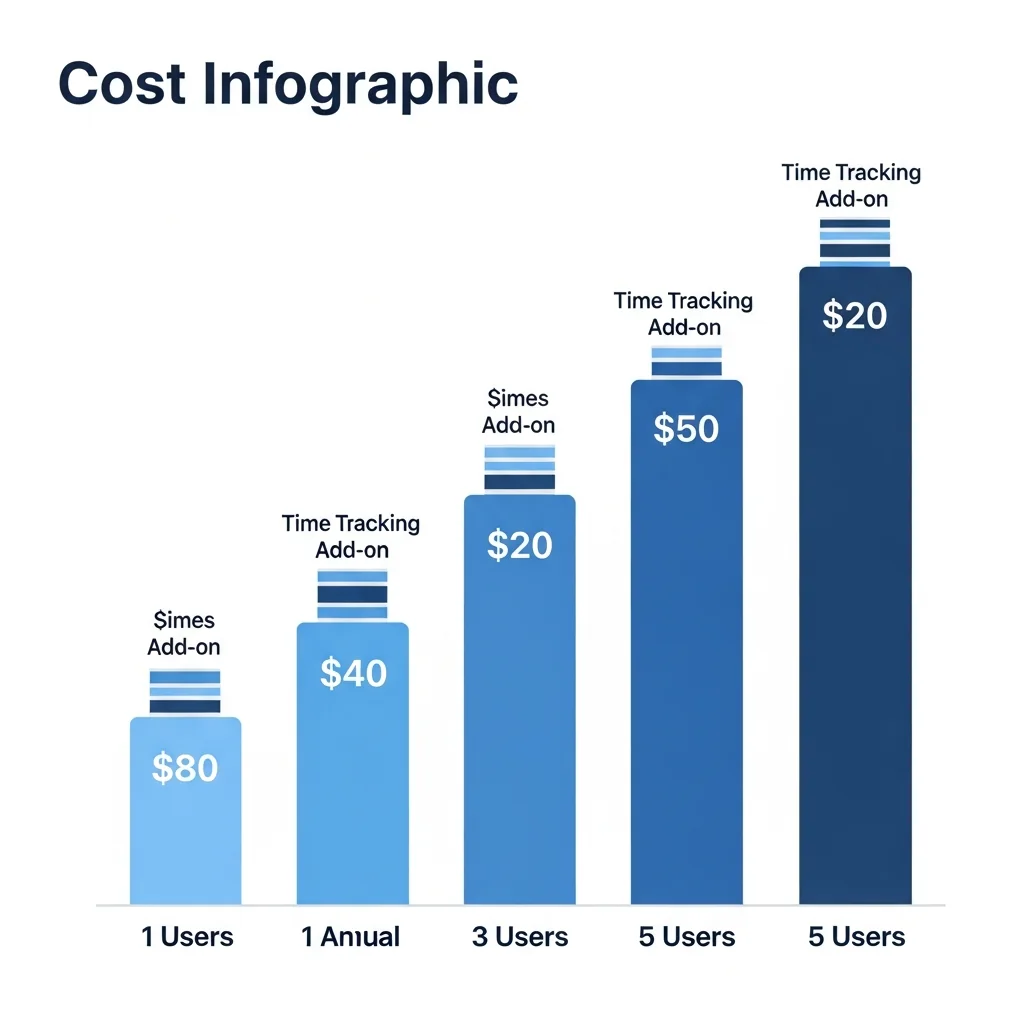 Annual cost bars for Notion Plus at 1, 5, 10, and 20 users with time tracking add-on costs stacked
