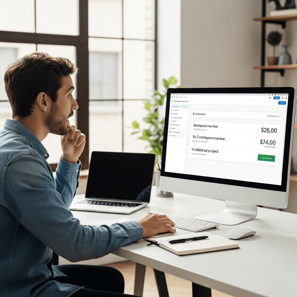 A team lead checking Notion pricing tiers after adding a new team member