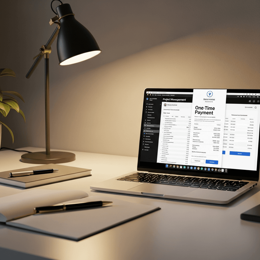 A clean desk with a laptop showing a project management board and a flat-fee subscription comparison