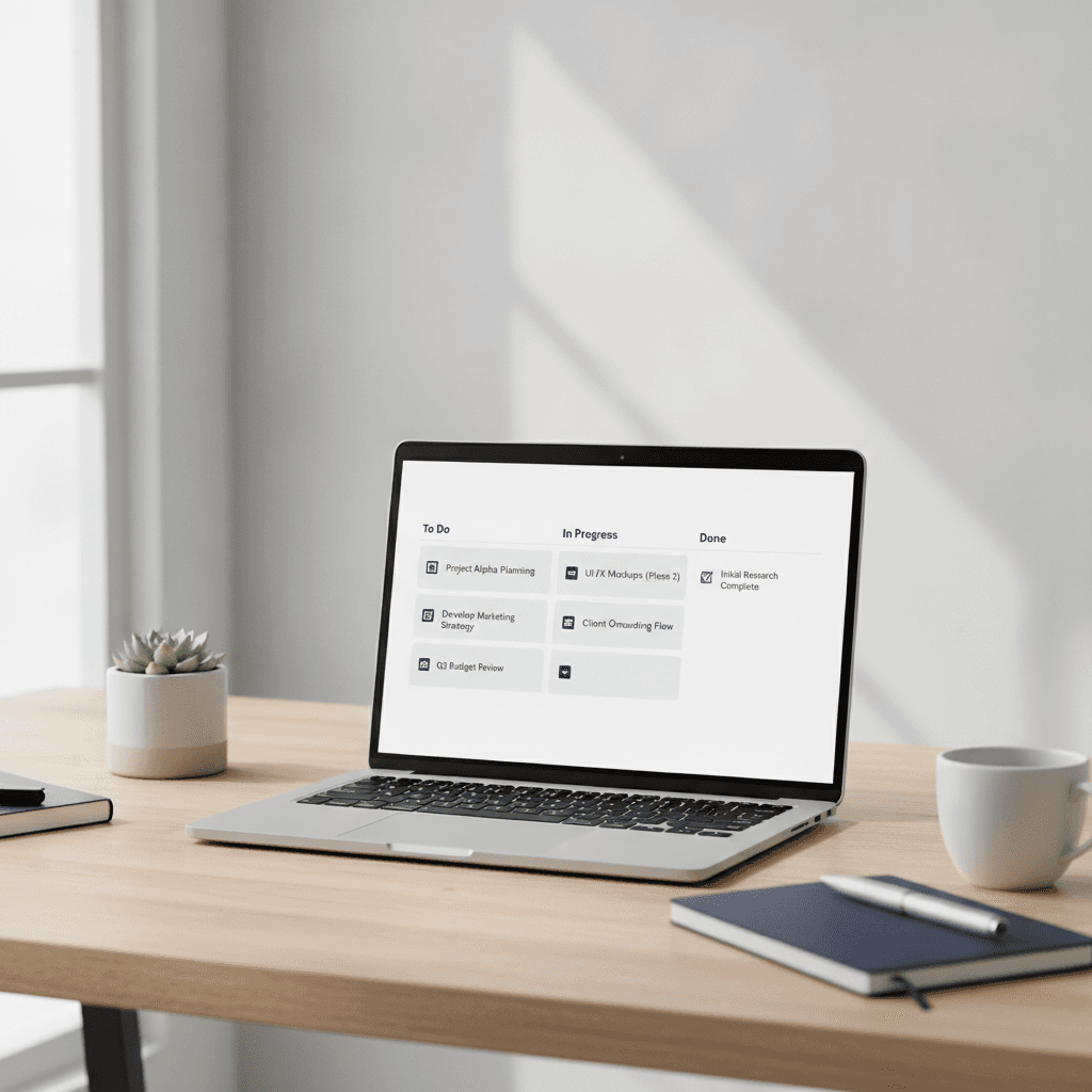 A clean minimal task board with zero AI widgets — just tasks, deadlines, done