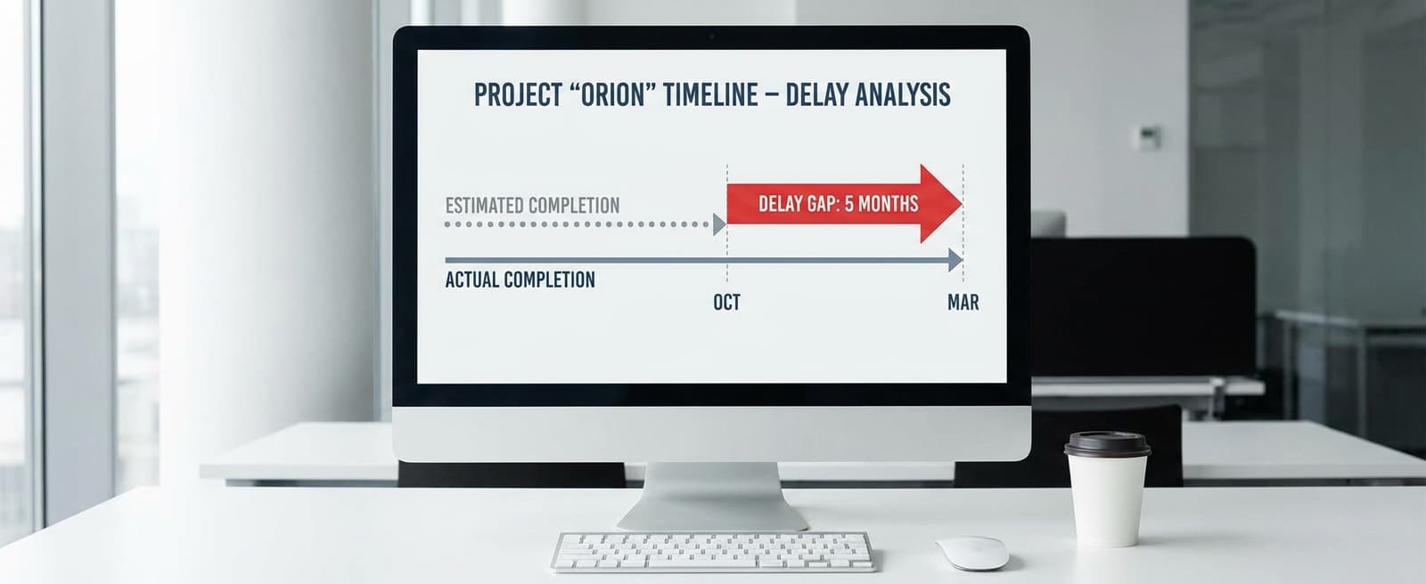 A project timeline showing the estimated completion date vs actual date with the gap clearly labelled