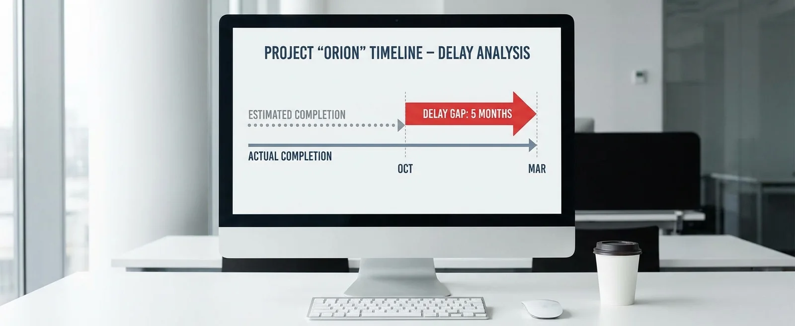 A project timeline showing the estimated completion date vs actual date with the gap clearly labelled