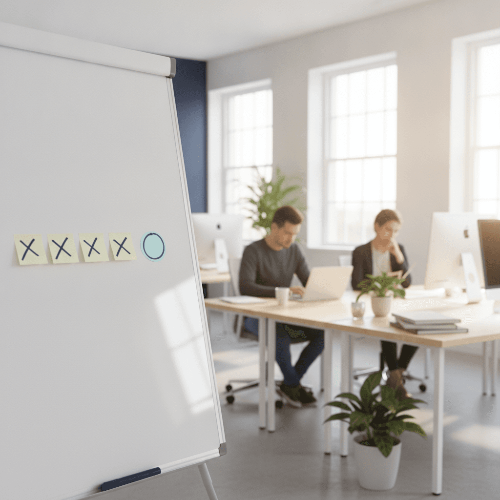 A small agency office with a whiteboard showing four crossed-out tool logos and one circled name
