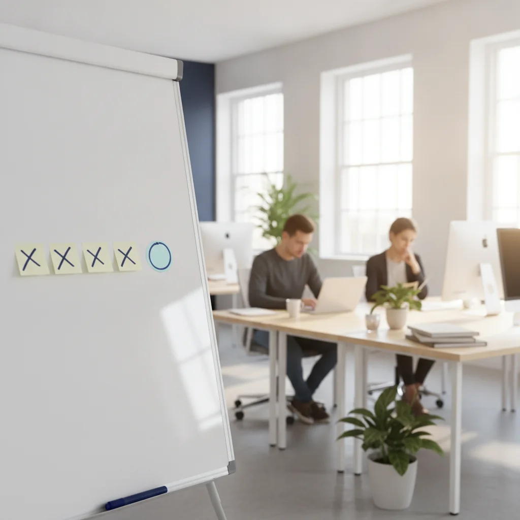 A small agency office with a whiteboard showing four crossed-out tool logos and one circled name