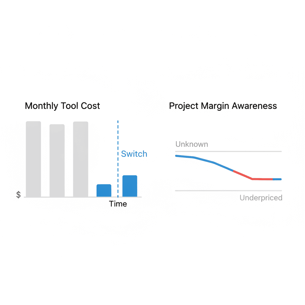 Before/after: monthly tool cost drops after consolidation, one project revealed as underpriced