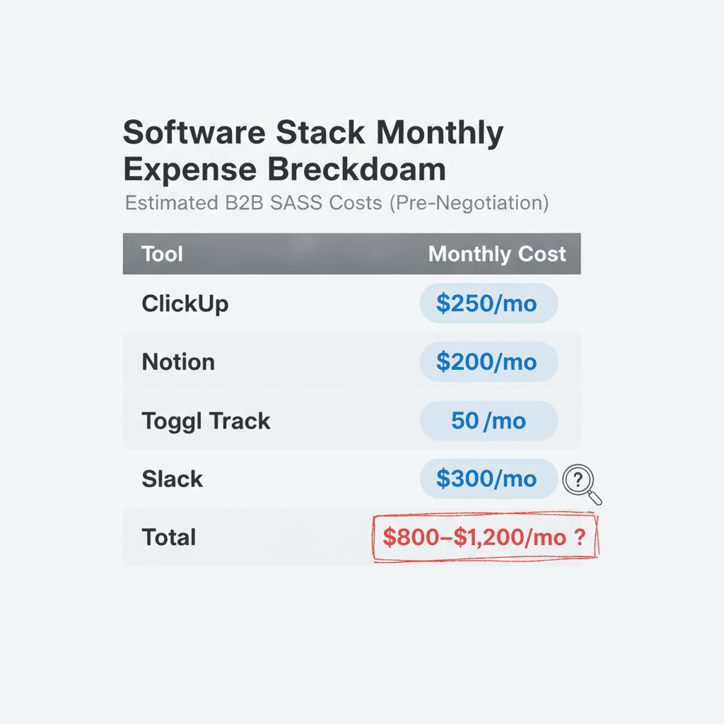 Monthly expense breakdown: ClickUp, Notion, Toggl, Slack totaling $800–$1,200/mo