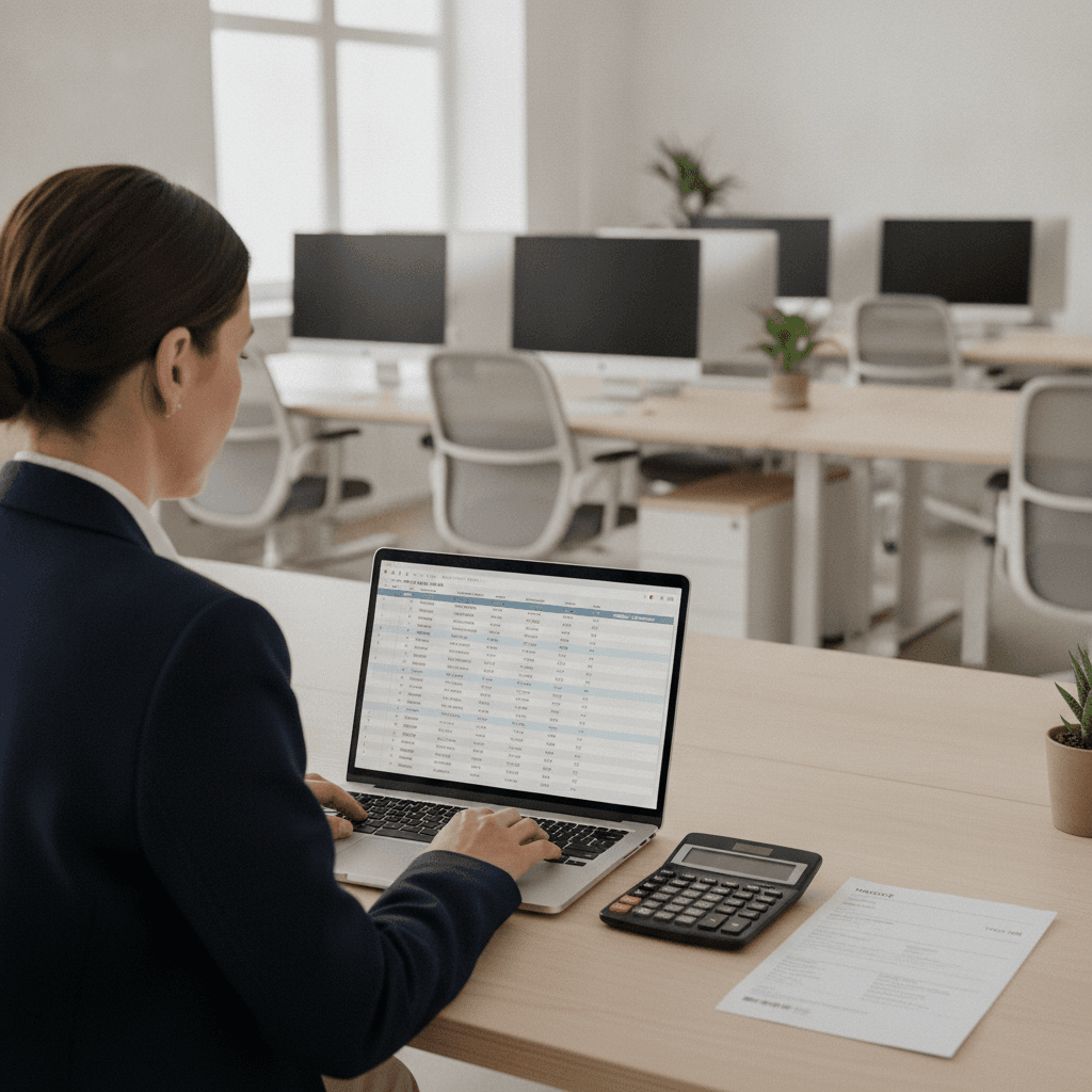 An agency owner reviewing a SaaS renewal invoice on a laptop with a calculator beside it