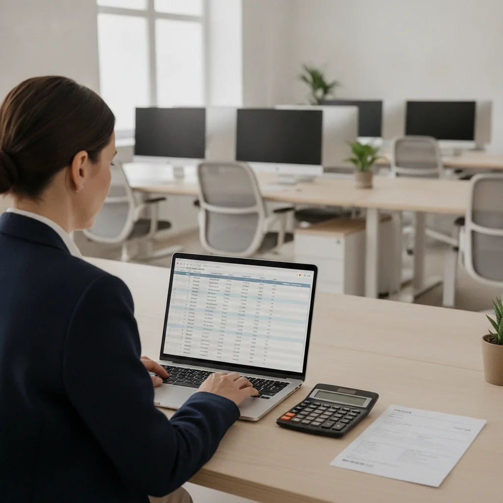 An agency owner reviewing a SaaS renewal invoice on a laptop with a calculator beside it