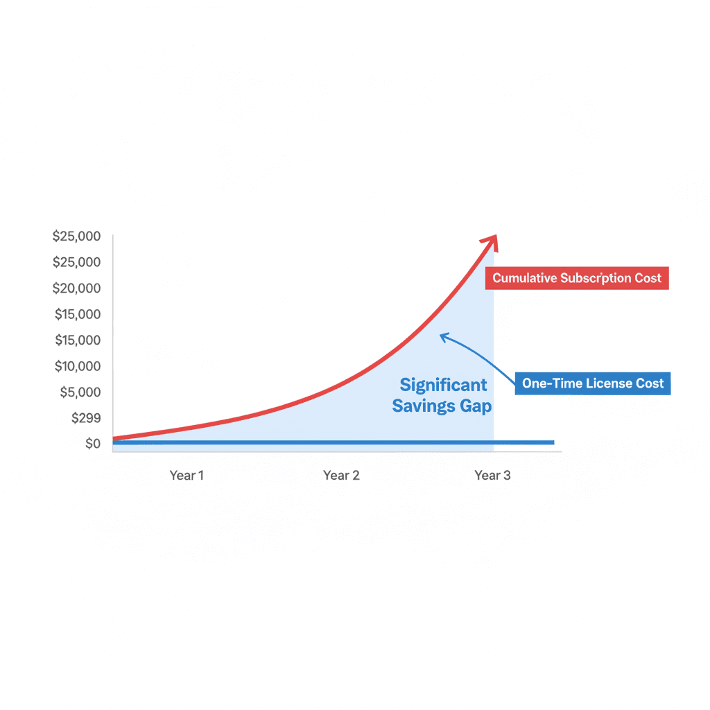 3-year SaaS cost projection: subscriptions climb to $25K vs $299 flat-fee workspace