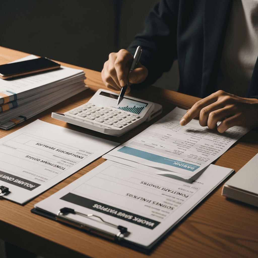 A freelancer with a calculator adding up SaaS tool costs category by category